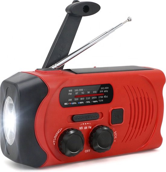 Nødradio med håndsving, solceller, lygte og powerbank