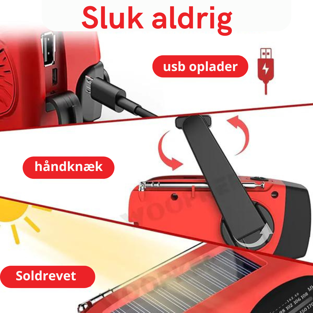 Nødradio med håndsving, solceller, lygte og powerbank