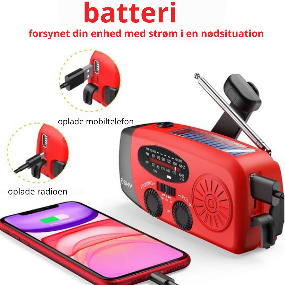 Nødradio med håndsving, solceller, lygte og powerbank